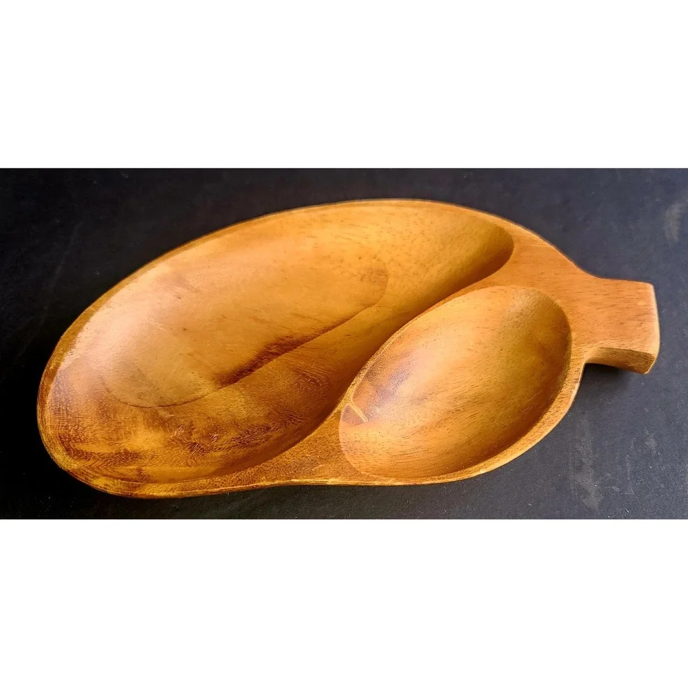 Vintage Hand Carved Monkey Pod Wood Divided Serving Tray Philippines Acacia Leaf